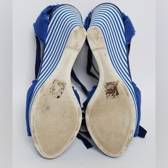 PRADA Cloth Striped Cobalt Blue Canvas Ankle Lace Up Wedges Heels Sandals - Picture 5 of 9